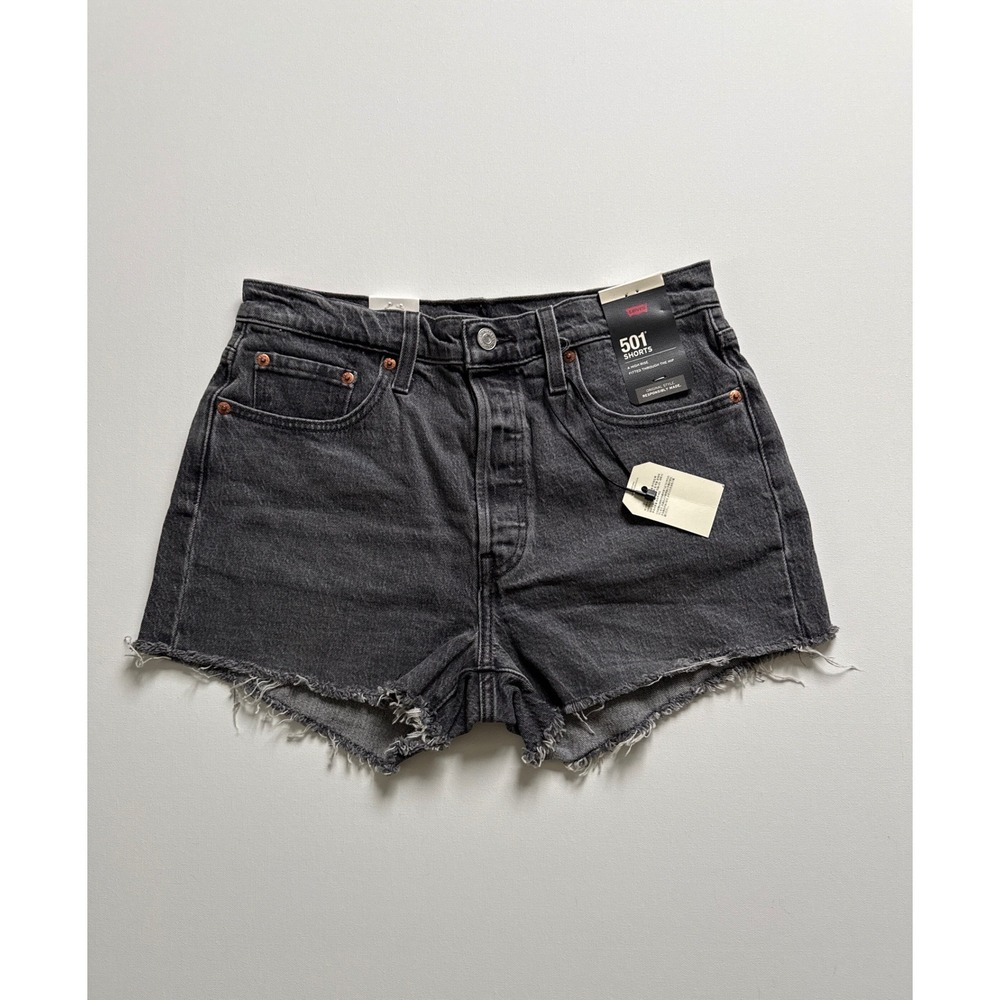 Levis 501 Original High Rise Denim Shorts Charcoal Grey Raw Hem 28 NEW